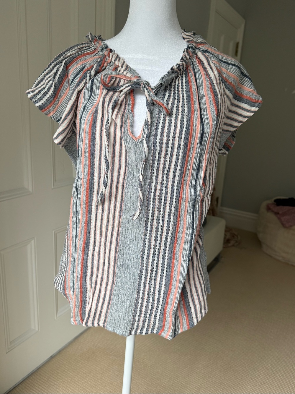 dylan Striped Tie-Neck Short Sleeve Blouse - Coral, Gray, Cream